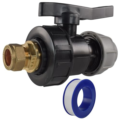 Mdpe Water Supply Pipe Valve to Copper Pipe Compression Fitting Adaptor+PTFE Thread SealTape (20mm mdpe-15mm Copper)