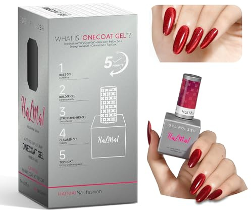 HALMAI Smalto Semipermante Cat Eye OneCoat con Magnete 5 in 1 per Unghie (Base, Colore, Ricostruzione, Rinforzante, Top Coat) -Regalo per Unghie Fai da Te, Ideale per Principianti & Casa (Rosso)