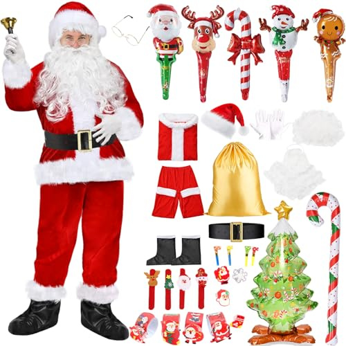 Moerstar Vestito Babbo Natale Uomo, Set Costume Babbo Natale Deluxe con Barba, Cappello, Cintura, Stivali, Sacco Natalizio e Christmas Surprise Gifts Costume Cosplay Santa Claus