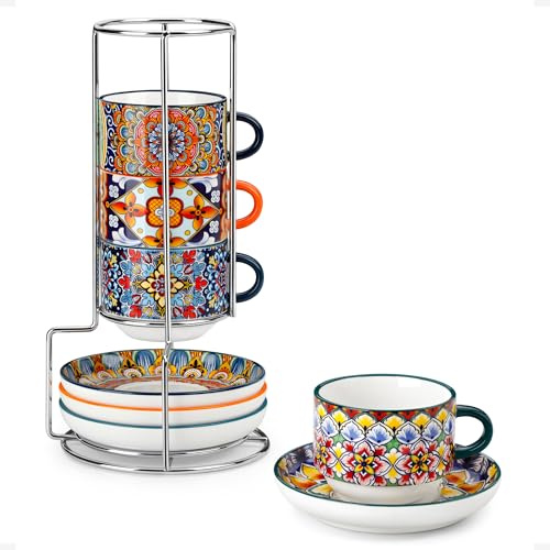 vancasso SIMI Cup and Saucer Set of 4, 8oz/240ml Coffee Cups Set, Porcelain Espresso Cups with Metal Stand, Microwave & Dishwasher Safe, Cup Suitable for Latte, Filter Coffee, Standard Cappuccino
