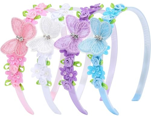 Auroriel 4er Set Blumen & Schmetterling flickors hårband, elastisk anti-halka hårtillbehör, flerfärgade pannband för bebisar, barn, tonåringar