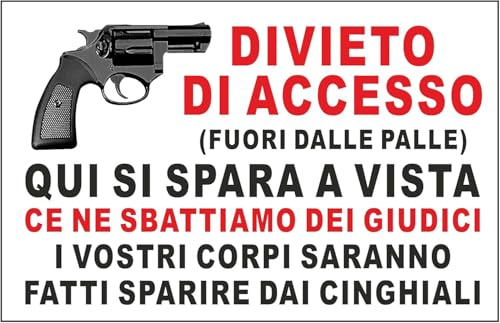 CARTELLO SEGNALETICO - DIVIETO DI ACCESSO QUI SI SPARA A VISTA - Adesivo Extra Resistente, Pannello in Forex, Pannello In Alluminio (Alluminio, 20x31 cm)