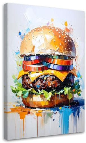 Feeby Leinwandbild - Bilder Wohnzimmer - 75x115 1tlg - Deko Schlafzimmer - Wanddekoration - Aesthetic - Groß Moderne Bild - Foto auf Leinwand - Hamburger Essen