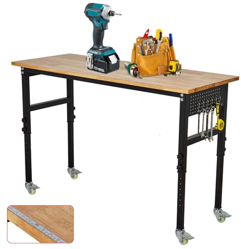 Lidzopas Adjustable Heavy Duty Workbench with Power Outlet, Pegboard, Rulers, Hooks & Wheels, 2000 lbs Capacity, Height Adjustable (29.5-39.4), Portable & Quick Install, Perfect for Garage