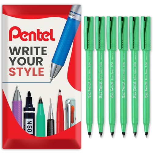 Pentel R50 Tintenroller mit feiner Spitze, 0,8 mm Spitze, 0,4 mm Strichbreite, 77 % recycelt, schwarze Tinte, 6 Stück, in Geschenkbox