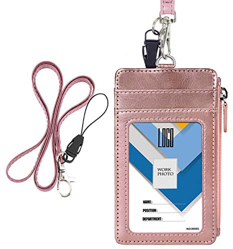 Wisdompro Ausweishülle mit Band, Kartenhalter Ausweis Leder mit 1 Reißverschluss Tasche, 1 Durchsichtig Ausweisfenster, 4 Kartenfach, 50cm Schlüsselband (Roségold/Vertikal)