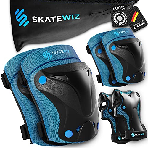 SKATEWIZ Knieschoner Kinder - Schoner Inliner Kinder - Knieschützer - Schützer Inliner Schoner Set - Protektoren Knie und Ellenbogenschützer - PROTECT-1 Blue Größe S