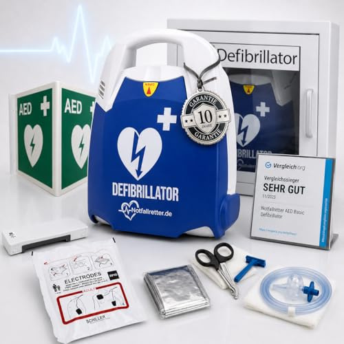 Defibrillator AED Wandschrank Set [10 Jahre Garantie] Erste Hilfe Set, Vollautomat, Autostart, 6 J. Batterie, für Betrieb, Gemeinde, Verein & Praxis, Notfall Ausrüstung Aufbewahrungsbox First Aid Kit