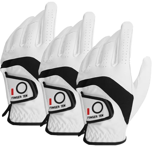 FINGER TEN Golf Gloves Men Left Right Hand Cabretta Leather Multipack All Weather Soft Value 3 Pcs, Golf Gloves Mens Rain Grip Soft Durable Comfortable (White, M/L, Left)