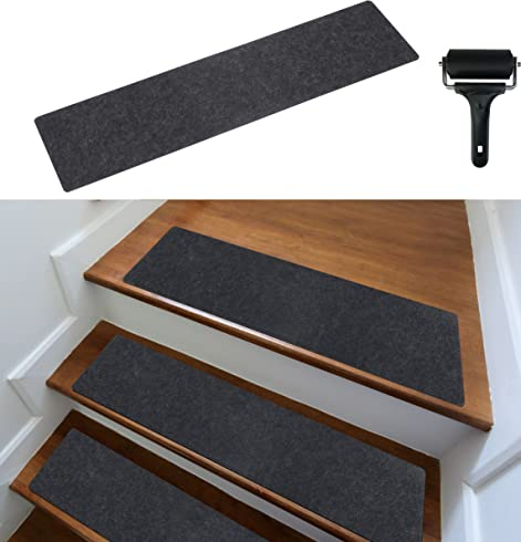 cocofy Treppenstufen Matten modern 15er Set, 75x20 cm groß Filz selbstklebend Stufenmatten innen 15 Stück Teppich Treppenstufen Treppenteppich selbstklebend Stufenteppich dunkelgrau anthrazit