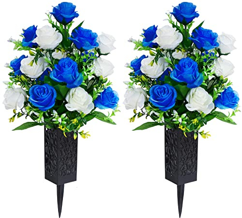 LVXINLI 2 Sets Artificial Cemetery Flowers,Memorial Flowers,Beautiful Arrangements for Headstones,Black Plastic vase with Drainage Hole Long Spikes Outdoor Memorials(Dark Blue)…
