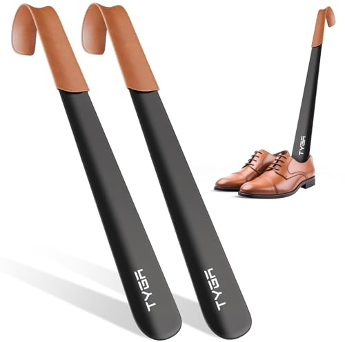 TYGA STORE Skohorn i metall – 42 cm långt handtag skohorn med läderhandtag, för män, kvinnor och barn, Svart, Large