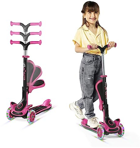3 Wheel Scooter for Kids with Foldable Seat, Adjustable Handlebar Height, Lean-to-Steer Ride On Toy for Kids Ages 2+, Light-Up LED Wheels, Wide Anti Slip Deck, Indoor & Outdoor Use, Pink