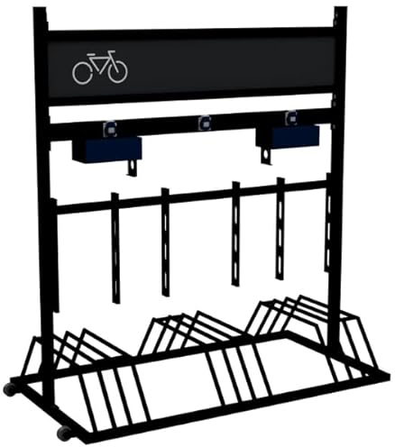 Mobiler Fahrradständer mit Lademöglichkeit, mit Werbeschild und Transportrollen, aus Stahl, feuerverzinkt und pulverbeschichtet RAL 9005