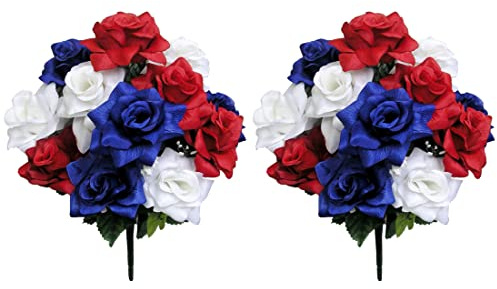 Admired by Nature 12 Stem Artificial Flowers Roses Bloom Bush Spring Faux Flower Arrangement for Outdoor & Indoor Wedding Home Decor, Cemetery Decorations for Grave, Summer Flowers Red White Blue