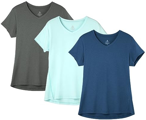 icyzone Dam sport fitness t-shirt kortärmad v-ringad löpartröja kortärmad yoga topp 3-pack, Mörkgrå/äkta marin/aqua, S