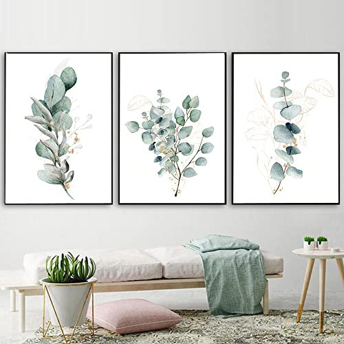 Pflan Zendruck-Eukalyptus Aquarell Blumen Ästhetisch Grüne Blätter Wandkunst Dekor Leinwanddrucke Gemälde Poster für Wohnzimmer Schlafzimmer Kunstwerke Bilder-30*50Cmx3 (12*20 Zoll x3) Ohne Rahmen