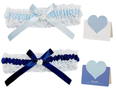 2 stycken kärlekshänge strumpeband, med 2 stycken hjärtformade gratulationskort, strumpband av bröllopsspets, elastiskt benbälte med rosett, bröllopstillbehör (mörkblå, himmelsblå), Mörkblå,