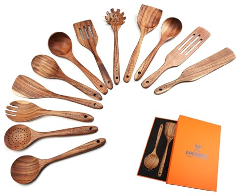 Träskedar för matlagning, 12-pack, köksredskap, set i trä, naturlig teak, träspatlar för matlagning