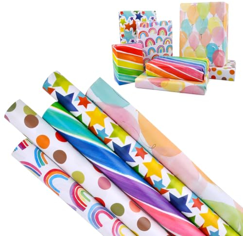 HUMOKI Lot de 5 Papier Cadeau Rouleau, 43cm x 3m Coloré Papier Cadeau, Papier Cadeau Anniversaire, Papiers Cadeaux, Papier Emballage Cadeau Anniversaire Set, pour Anniversaire FêTe Mariage DéCorations