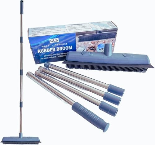 GLS Rubber Broom Floor Sweeping Brush with 120cm Long Stainless Steel Handle Carpet Brush Soft Broom Indoor Pet Hair Removal Broom for Cleaning Carpet Rug Kitchen Bathroom