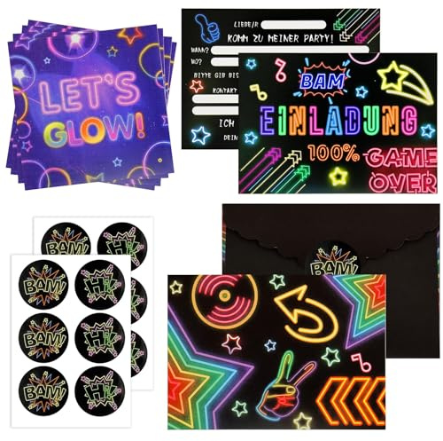 Hpbaggy Einladungskarten Kindergeburtstag,12 Deutsche Einladungskarten +12Umschläge,Einladungskarten Geburtstag Madchen,Partyzubehör Einladungskarten Geburtstag Neon F13-YQKTZ-nihong | 12Pcs Umschläge + 12Pcs Aufkleber + 20Pcs Taschentücher,EinladungskartenKindergeburtstag Mädchen Jungen