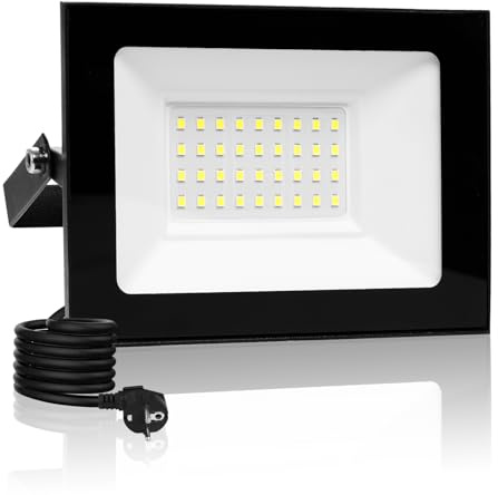 30W LED Strahler Außen mit Stecker & 3M Kabel, 3000K Warmweiß LED Scheinwerfer, 3000LM Superhell Fluter Flutlichtstrahler, IP66 Wasserdicht Außenstrahler, Aussenstrahler für Hof Garten Garage