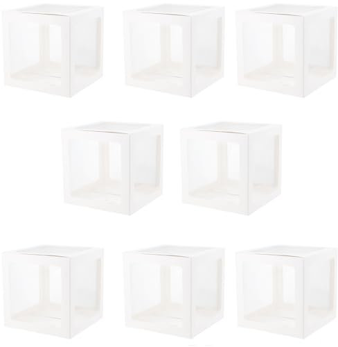 SEUNMUK 8 Pack White Decoration Balloon Boxes, Birthday White Party Decoration Boxe, Transparent DIY Balloon Boxes with 52 Letter for Theme Party Decor