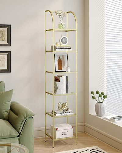 Hzuaneri Bücherregal, 6-stöckiges Display Regal, Ausstellungsregal, Gehärtetes Glas, Standregale, für Wohnzimmer, Schlafzimmer, Badezimmer, Gold BC20699G