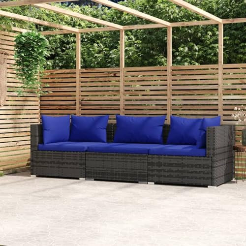 NITCA 3-Sitzer-Sofa Balkon Lounge Klein Rattan,Loungemöbel Klein Grau und Dunkelblau,Lounge Klein Balkon,Gartensofa,Lounge Moebel Balkon Klein mit Kissen,Terrassenmöbel Rattan(2xEckteil+Mittelteil)