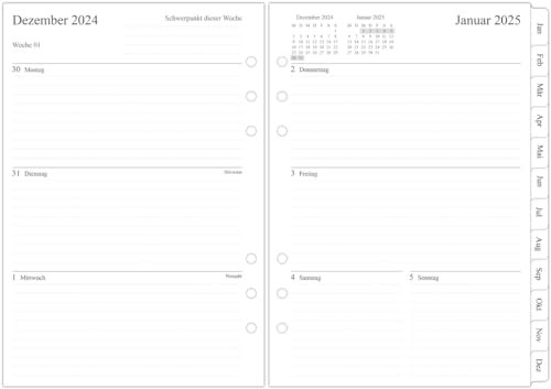 newestor 2025 Wochenplaner Einlage A5, 1 Woche auf 2 Seiten mit Tabs, Jan 2025 o Dez 2025
