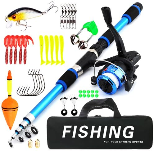 LYPPUL Angelset für Kinder, 1.8M Kinderangel Starter Set, Kinder Angelrute Set mit Angelrolle,Köder Set und Tragetasche,Kohlefaser Teleskop Angelrute und Angelschnurrolle,Angel Zubehör für 3-10 Jahren