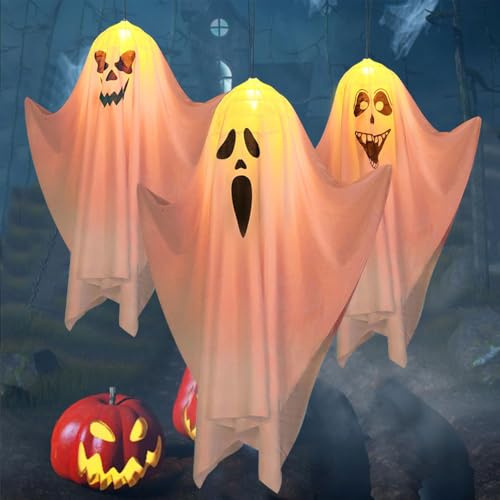 Halloween Hängende Geister Mit LED Lichtern - 3 Stück Geist Anhänger Deko für Outdoor, Vorgarten, Terrasse, Rasen, Garten Partydekor
