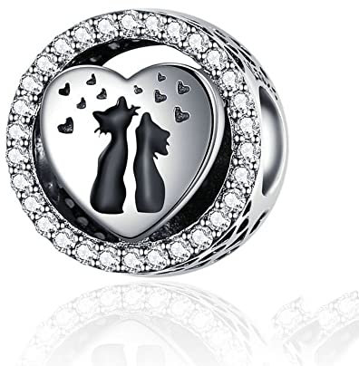 Wedanor Charmes Couple de chats pour Bracelets - Charms de Perles ajourées en Argent Sterling 925, charmes de Coeur d'amour pour Bracelets et Colliers pour Femmes