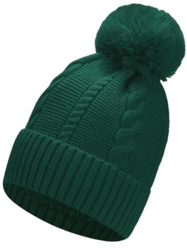 Gadgets Mafia Gorro de punto trenzado grueso para mujer con pompón, forro polar térmico, gorro de piel sintética, verde oscuro, Talla única