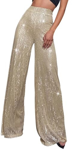 Pailletten Hose Damen Glitzer Metallic Hose 80er Glänzende Großbein High Waist Mode Rave 70er 80er (01-Rose Gold, M)
