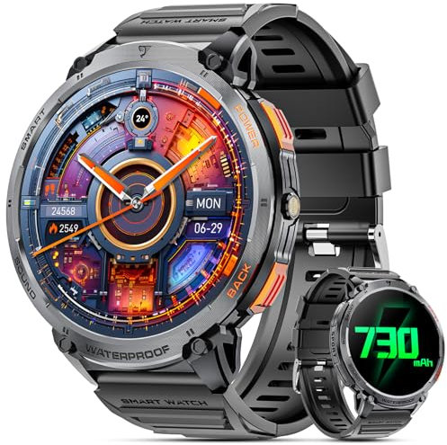Militaire Montre Connectée Homme avec Appels Bluetooth Écran HD 1.85,730mAh IP68 Étanche Tracker de fitness avec lampe de poche LED,24/7 Fréquence Cardiaque SpO2 et Sommeil Moniteur pour Android iOS