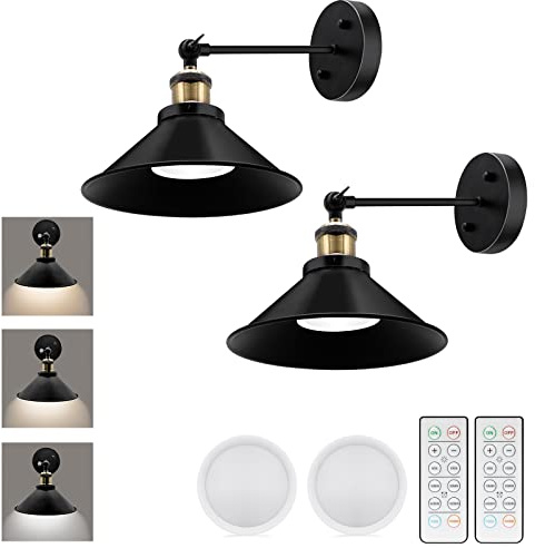 LABOREDUCER Battery Operated Wireless Wall Lights, 2 Pack, Black