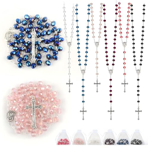 Wonitain 30 Set Rosary Bead Bulk Catholic Crystal Glass Rosaries Beads for Women Men Jesus Holy Cross Rosary with Organza Bags Baptism First Communion Church Religious Present (Multicolor)