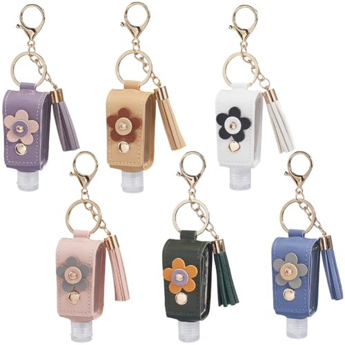 SUNNYCLUE 6 st 6 färger handsprit nyckelringar mini tom flaska nyckelring 30 ml PU imitationsläder liten blomma färgglada bärbara ortabla rese-nyckelringar för toalettlotion tvål schampo vätska