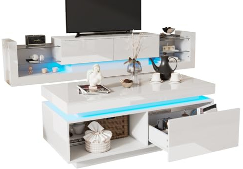 OOIILLEE Ensemble de Meubles TV éclairage LED avec tiroirs et étagères de Rangement, Centre Brillant Tbles, Tables d'appoint élégantes pour Le Salon (Meuble TV+Table)