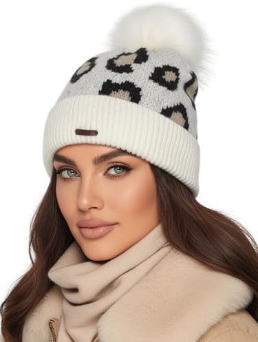 Baesics Bommelmütze Damen Herren - Wintermütze Kunstfell Bommel warm | Mit flauschigem Pompon und weichem Fleecefutter, Größe ca. 54-58 cm, Strick aus der EU. Warm für Herbst, Winter und als