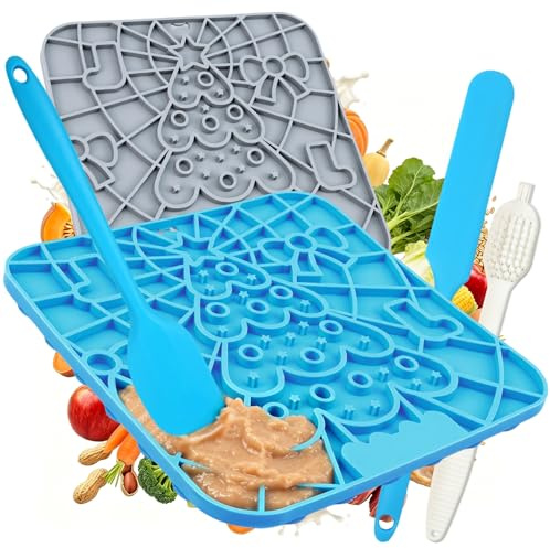 2 Stück Schleckmatte Katze, Schleckmatte Hund mit Saugnäpfen, Leckmatte Hund BPA-freies Silikon, Futtermatte Katze mit 2 Spatel & Bürste, Slow Feeder für Baden Training Fellpflege
