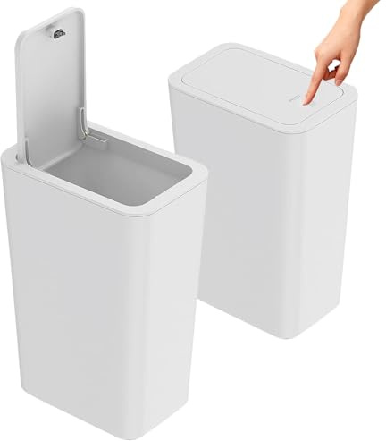 Stowetry 2 Pack Bedroom Bin,10L Plastic Bathroom Bin with Lid | Slim Push Button Thin Trash Can,Dog Proof Narrow Garbage Can for Bathroom,Bedroom,Kitchen,Office,Living Room,Toilet (White)