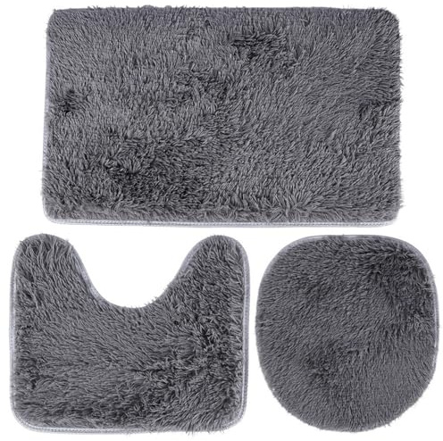 Home Markt24 Badrumsmatta set 3 delar grå – mjuka halkfria badmattor med toalettlock – fluffig badrumsmatta, WC utskurning och toalettskydd, maskintvättbar vid 30 °C