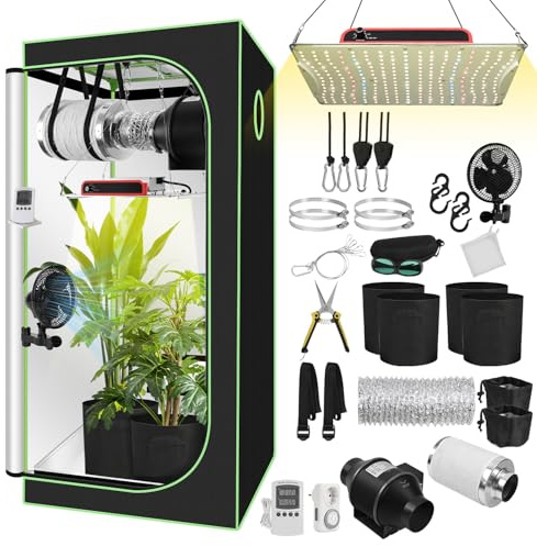 Daromigo Growzelt Komplettset 80x80x160cm mit Dimmbarer LED Grow Lampe, Pflanzenzelt, Inkl. 4 Aktivkohlefilter, Ruhigem Lüfter & Rohrventilator, für Hydroponik Indoor Anbau