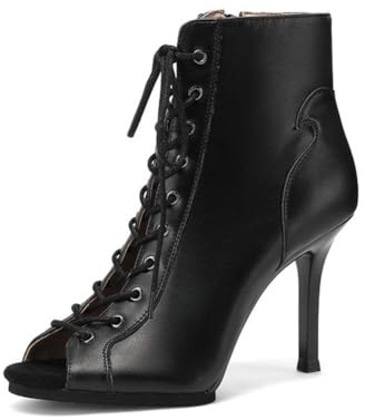 HIPPOSEUS Botas de Baile Negro para Mujer Zapatos Punta Abierta Botines de Tacón Alto 9.5cm para Bailar con Cierre con Cordones y Cremallera Trasera,38 EU