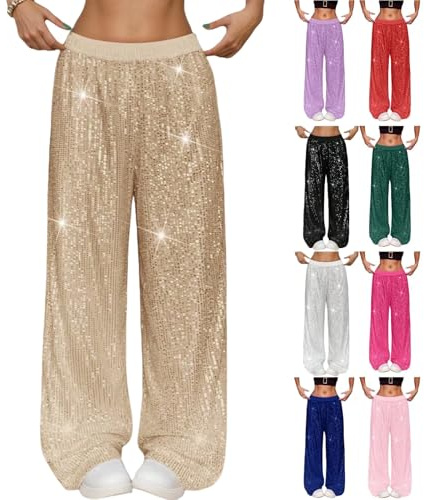 Pailetten Hose Damen Schwarz Silber Rot XS XXL Glitzer Metallic Glänzed Schlaghose Weite Bein Hose High Waist Elegant Lang Glitzerhosen Frauen Freizeithose Rave Outfit Disco Pants 70er Karneval Kostüm
