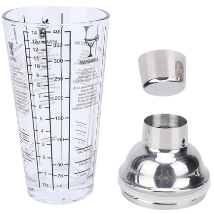 ASHATA Cocktailshaker i Glas, 14 Oz Genomskinligt Glas med Läckagesäkert Lock i Rostfritt Stål och Inbyggd Sil, Dual Scale Oz Ml och 6 Recept, för Hemmabarfest