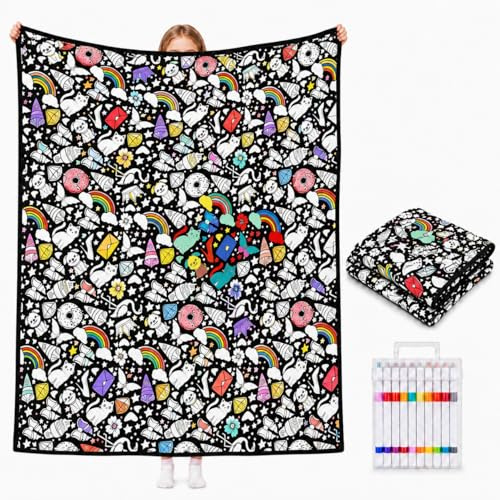 DIY Colouring Blanket for Adults with 24 Colour Markers, Colour Your Own Throw Blanket, Fun Creative Stress Relief Activity, Home Decor Perfect Birthday Gifts for Women Friends Family (Rainbows)